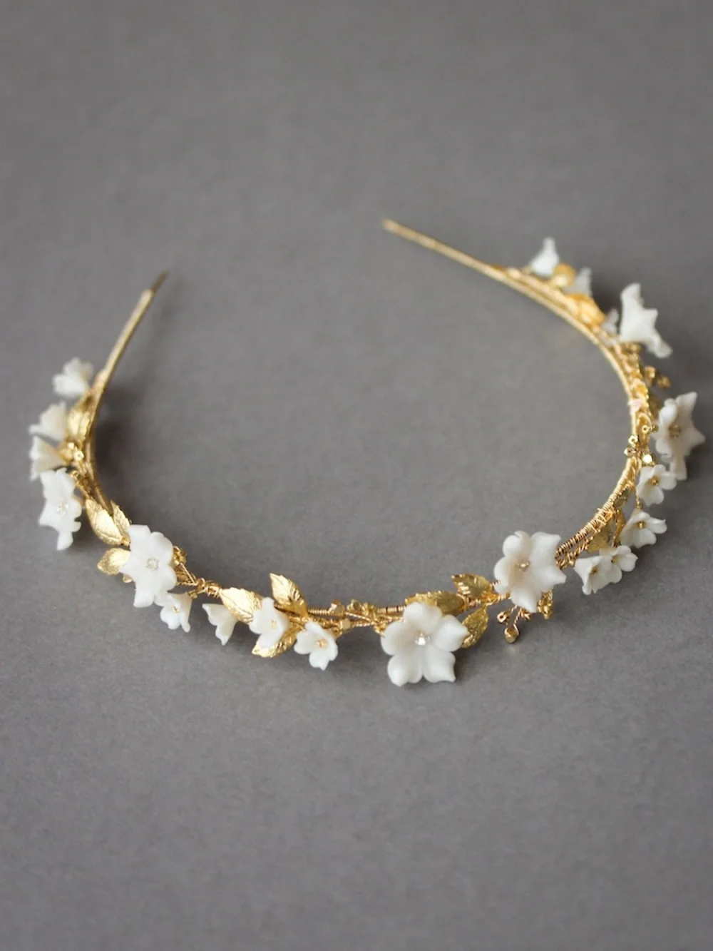 SEREFINA Enamel Gold and Pearl Headband with Ivory flowers BHLDN